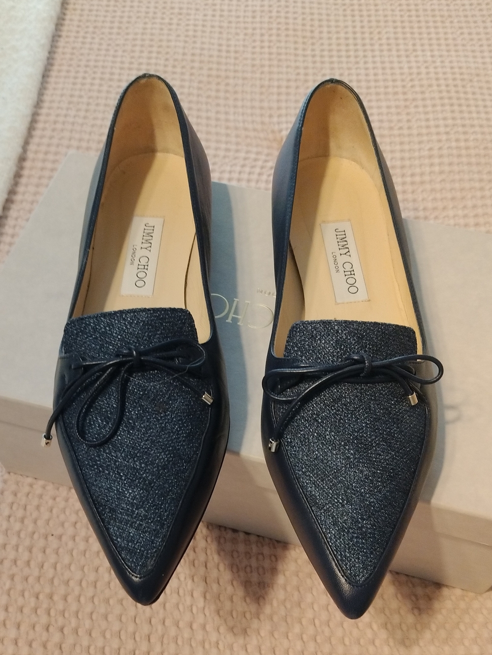 Jimmy Choo Navy Pointed Toe Leather & Textile Loafers with Bow